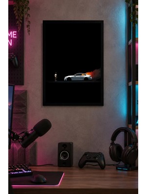 Onyx Lab Onyxlab Gümüş Otomobil ve Turuncu Ufuk Desenli Dekoratif Mdf Tablo, Çerçeve Görünümlü Ahşap Poster