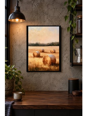 Onyx Lab Onyxlab Altın Tarlada Saman Balyaları Desenli Dekoratif Mdf Tablo, Çerçeve Görünümlü Ahşap Poster