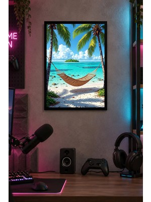 Onyx Lab Onyxlab Turkuaz Kıyıda Hamak Desenli Dekoratif Mdf Tablo, Çerçeve Görünümlü Ahşap Poster