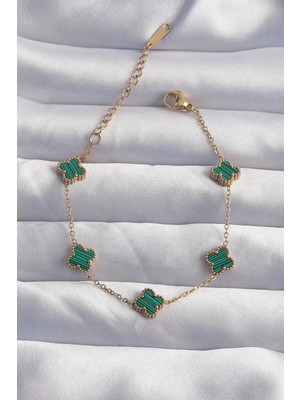 Uslucan Alışveriş 316L Çelik Baby Boy Gold Renk Çizgili Yeşil Mineli Yonca Bileklik
