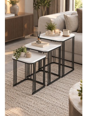 Sulorahome 3'lü Beyaz Kare Zigon Sehpa Seti Metal Ayaklı