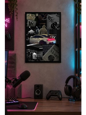 Onyx Lab Onyxlab Siyah Beyaz Otomobil Kolajı Desenli Dekoratif Mdf Tablo, Çerçeve Görünümlü Ahşap Poster