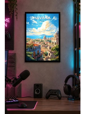 Onyx Lab Onyxlab Tropik Şehir ve Deniz Manzarası Desenli Dekoratif Mdf Tablo, Çerçeve Görünümlü Ahşap Poster