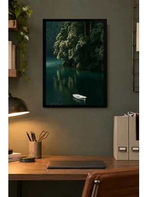 Onyx Lab Onyxlab Göl Üzerinde Kayık Desenli Dekoratif Mdf Tablo, Çerçeve Görünümlü Ahşap Poster