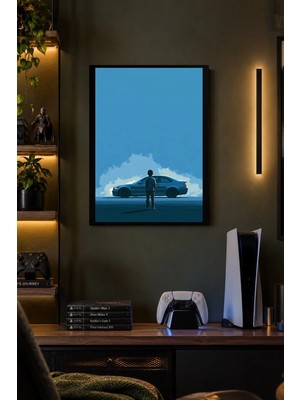 Onyx Lab Onyxlab Koyu Otomobil ve Mavi Ufuk Desenli Dekoratif Mdf Tablo, Çerçeve Görünümlü Ahşap Poster