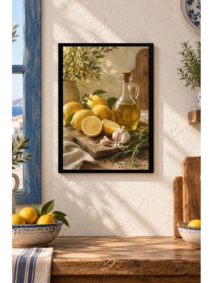 Onyx Lab Onyxlab Limon ve Zeytinyağı Desenli Dekoratif Mdf Tablo, Çerçeve Görünümlü Ahşap Poster
