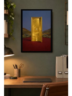 Onyx Lab Onyxlab Altın Kapı ve Dağ Manzarası Desenli Dekoratif Mdf Tablo, Çerçeve Görünümlü Ahşap Poster
