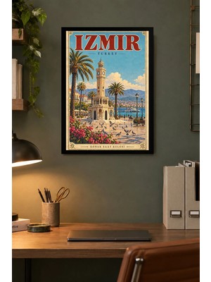 Onyx Lab Onyxlab Palmiye ve Kuleli Kıyı Illüstrasyonu Desenli Dekoratif Mdf Tablo, Çerçeve Görünümlü Ahşap Poster