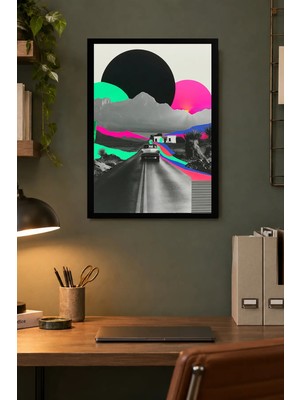 Onyx Lab Onyxlab Renkli Geometrik Yol ve Dağlar Desenli Dekoratif Mdf Tablo, Çerçeve Görünümlü Ahşap Poster