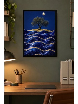 Onyx Lab Onyxlab Ağaçlı Gece Dalgaları Desenli Dekoratif Mdf Tablo, Çerçeve Görünümlü Ahşap Poster