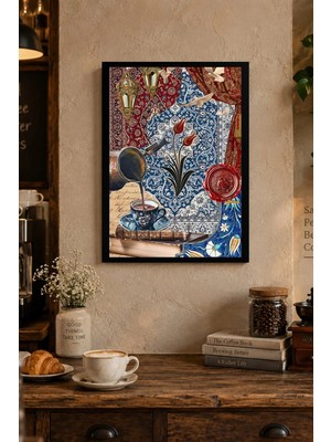 Onyx Lab Onyxlab Mavi Çini ve Çiçek Kolajı Desenli Dekoratif Mdf Tablo, Çerçeve Görünümlü Ahşap Poster