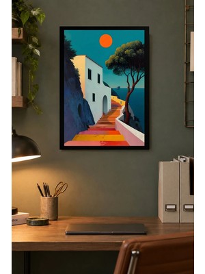 Onyx Lab Onyxlab Turuncu Güneşli Geometrik Ev Desenli Dekoratif Mdf Tablo, Çerçeve Görünümlü Ahşap Poster