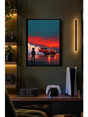Onyx Lab Onyxlab Kırmızı Otomobil ve Kızıl Ufuk Desenli Dekoratif Mdf Tablo, Çerçeve Görünümlü Ahşap Poster