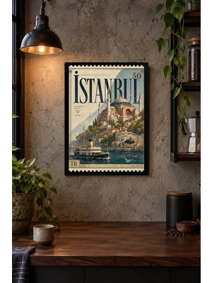 Onyx Lab Onyxlab Tarihi Şehir ve Vapur Illüstrasyonu Desenli Dekoratif Mdf Tablo, Çerçeve Görünümlü Ahşap Poster