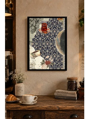 Onyx Lab Onyxlab Çini Deseni ve Çay Kolajı Desenli Dekoratif Mdf Tablo, Çerçeve Görünümlü Ahşap Poster