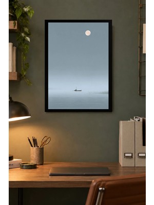 Onyx Lab Onyxlab Ay Işığında Sakin Deniz Desenli Dekoratif Mdf Tablo, Çerçeve Görünümlü Ahşap Poster