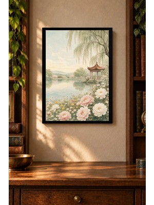 Onyx Lab Onyxlab Göl Kıyısı ve Pagoda Desenli Dekoratif Mdf Tablo, Çerçeve Görünümlü Ahşap Poster