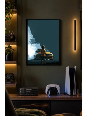Onyx Lab Onyxlab Sarı Otomobil ve Sisli Ufuk Desenli Dekoratif Mdf Tablo, Çerçeve Görünümlü Ahşap Poster