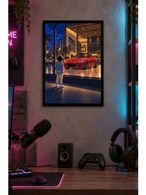 Onyx Lab Onyxlab Kırmızı Otomobil ve Çocuk Desenli Dekoratif Mdf Tablo, Çerçeve Görünümlü Ahşap Poster