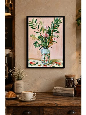 Onyx Lab Onyxlab Pembe Zeminde Çiçekli Vazo Desenli Dekoratif Mdf Tablo, Çerçeve Görünümlü Ahşap Poster