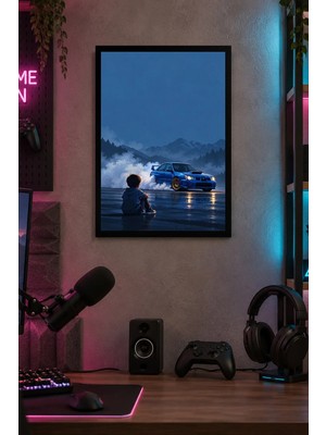 Onyx Lab Onyxlab Mavi Otomobil ve Dağ Ufku Desenli Dekoratif Mdf Tablo, Çerçeve Görünümlü Ahşap Poster