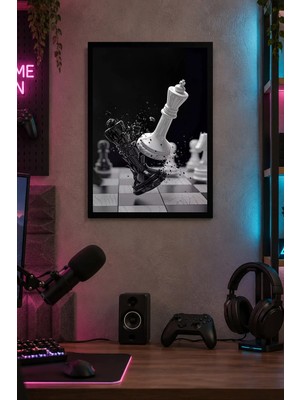 Onyx Lab Onyxlab Satranç Taşları Siyah Beyaz Desenli Dekoratif Mdf Tablo, Çerçeve Görünümlü Ahşap Poster