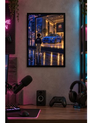 Onyx Lab Onyxlab Mavi Spor Otomobil ve Çocuk Desenli Dekoratif Mdf Tablo, Çerçeve Görünümlü Ahşap Poster