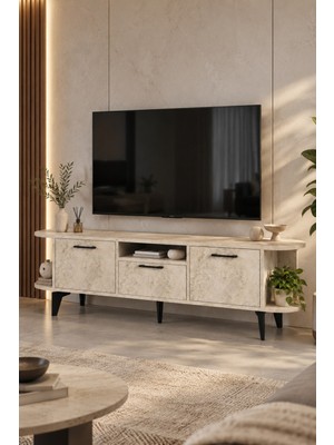 Sulorahome Ekru Traverten Desenli Suntalam Tv Sehpası 160X35 cm
