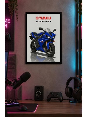 Onyx Lab Onyxlab Mavi Spor Motosikleti Desenli Dekoratif Mdf Tablo, Çerçeve Görünümlü Ahşap Poster