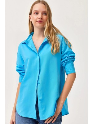 Juuuj Mavi Esnek Likralı Kumaş Gömlek Yaka Oversize Düşük Omuz Düğmeli Basic Gömlek