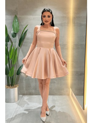 Giyimmasalı Saten Kumaş Taş Detaylı Mini Elbise - KREM-GYM-191