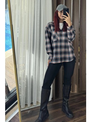 Juuuj Lacivert Yumuşak Dokulu Esnek Kumaş Düşük Omuz Oversize Çift Cepli Ekose Gömlek