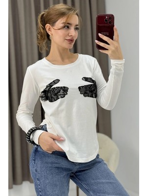 Juuuj Beyaz Esnek Dokulu Bisiklet Yaka Uzun Kollu Rahat Form Güpür Detaylı Örme Tişört