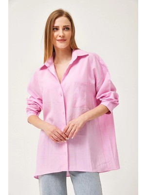 Juuuj Pembe Pamuklu Kumaş Düşük Omuz Oversize Geniş Kesim Tek Cepli Düğmeli Poplin Gömlek