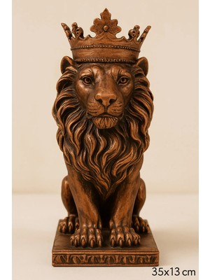 Eymen Hobi Tasarım Eymen Hobi Taçlı Aslan Heykel 35X13 cm Bronz Dekoratif Biblo Güç ve Asalet Temalı Masa Üstü Süs