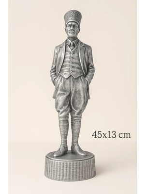 Eymen Hobi Tasarım Eymen Hobi Atatürk Gümüş Heykel 45X13 cm Dekoratif Biblo Metal Görünümlü Masa ve Raf Süsü