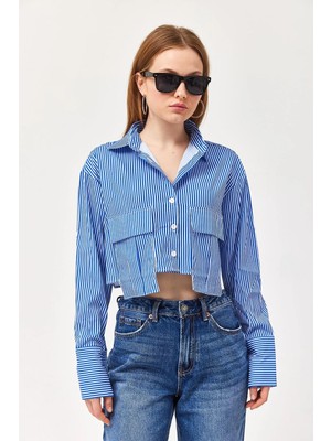 Juuuj Lacivert Dokuma Kumaş Gömlek Yaka Uzun Kollu Crop Kesim Çizgili Çift Cep Detaylı Gömlek