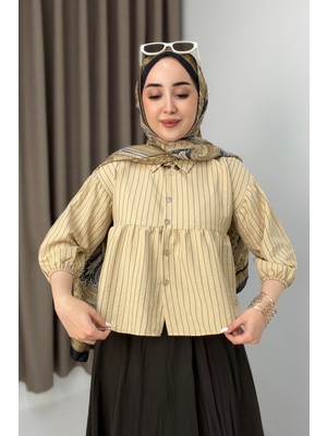 Juuuj Bej Çizgili Gömlek Yaka Peplum Kesim Düğmeli Lastik Kol Detaylı Pamuklu Dokuma Gömlek