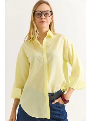Juuuj Sarı Esnek Dokulu Gömlek Yaka Düşük Omuz Oversize Basic Günlük Kullanıma Uygun Gömlek