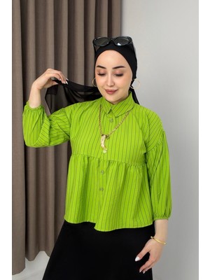 Juuuj Yeşil Çizgili Dokuma Kumaş Gömlek Yaka Peplum Kesim Düğmeli Uzun Kollu Manşetli Bluz Gömlek