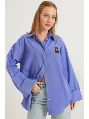 Juuuj Lila Pamuklu Karışım Gömlek Yaka Düşük Omuz Oversize Ayıcık Nakışlı Basic Gömlek