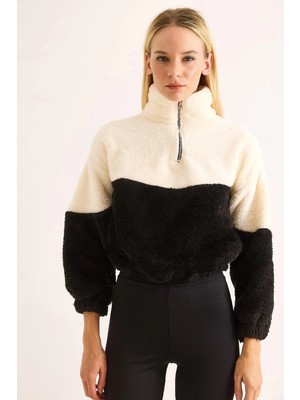Juuuj Siyah Yumuşak Polar Beli ve Kolu Lastikli Fermuarlı Rahat Kalıp Sweatshirt