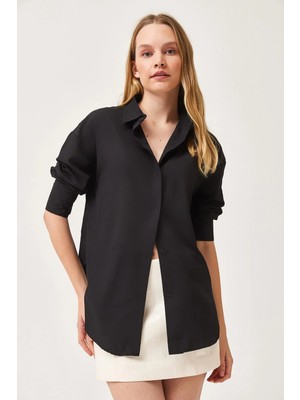 Juuuj Siyah Likralı Esnek Kumaş Gömlek Yaka Uzun Kollu Düğmeli Oversize Basic Gömlek