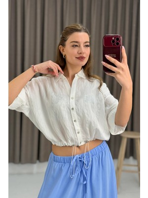 Juuuj Beyaz Dokuma Gömlek Yaka Bol Kesim Beli Büzgülü Düğmeli Kısa Kol Crop Gömlek