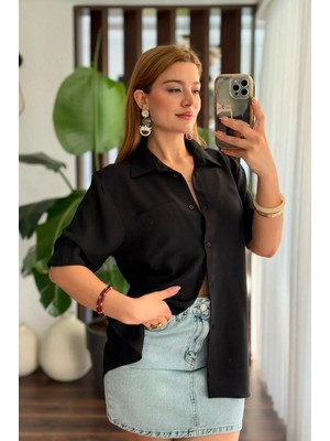 Juuuj Siyah Dokuma Kumaş Gömlek Yaka Kısa Kollu Rahat Kesim Önü Düğmeli Tek Cepli Basic Gömlek