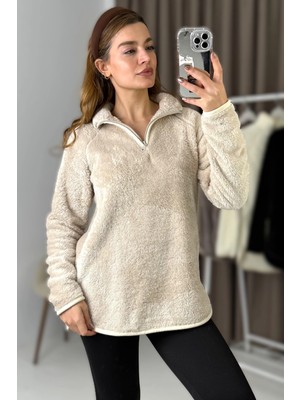 Juuuj Bej Welsoft Peluş Yarım Fermuarlı Dik Yaka Uzun Kollu Rahat Form Sweatshirt