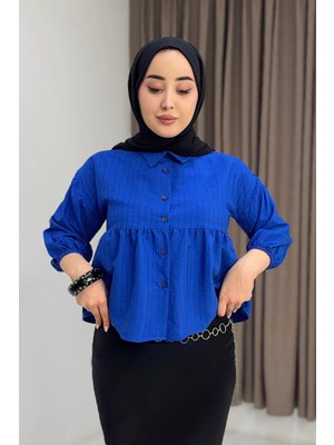 Juuuj Saks Mavisi Esnek Kumaş Gömlek Yakalı Peplum Kesim Dikey Çizgili Düğme Detaylı Gömlek Bluz