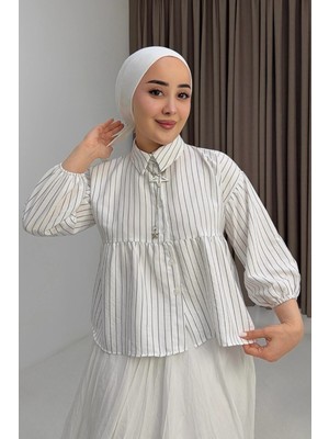 Juuuj Beyaz Çizgili Klasik Gömlek Yakalı Peplum Kesim Balon Kollu Düğme Detaylı Gömlek Bluz