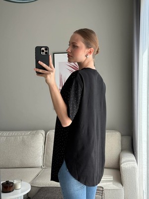 Juuuj Siyah Pamuklu Bisiklet Yaka Oval Kesim Taş Baskılı Oversize Kısa Kollu Penye Tişört