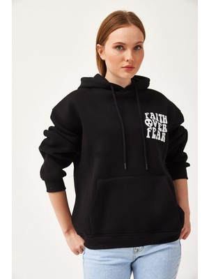 Juuuj Siyah Pamuklu Karışımlı Kapüşonlu Düşük Omuz Oversize Kanguru Cepli Sweatshirt